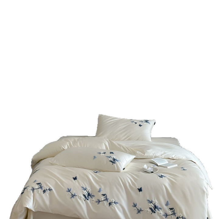 Luxurious satin bedding set with blue flower embroidery