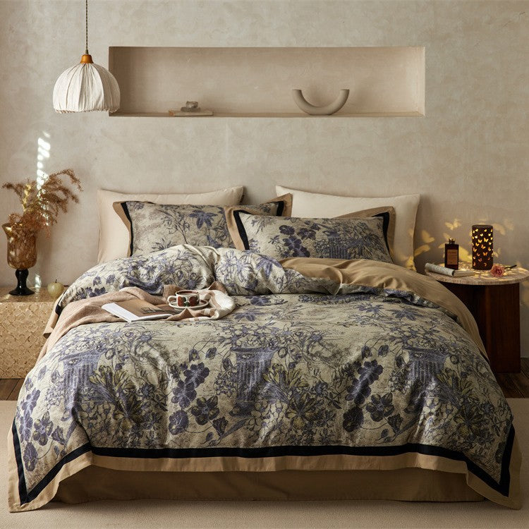 Botanical Vintage-Print Cotton Sateen Duvet Cover Set with Contrast Hem and Reversible Lining