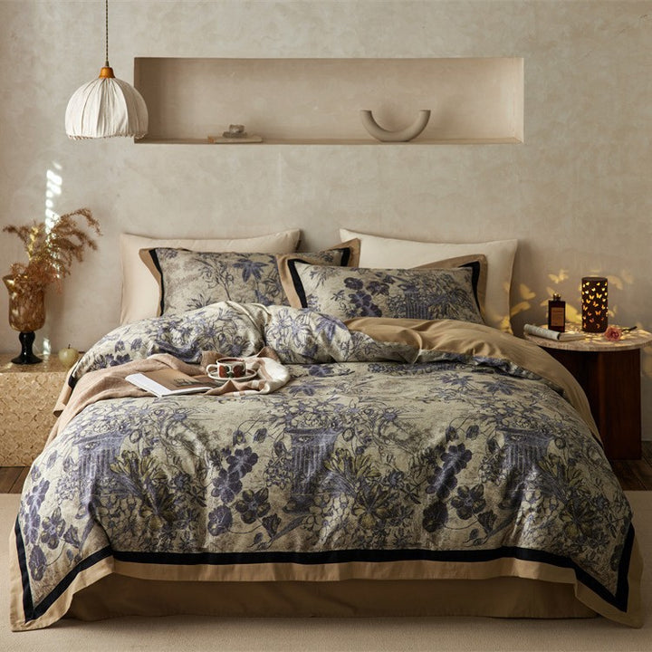 Botanical Vintage-Print Cotton Sateen Duvet Cover Set with Contrast Hem and Reversible Lining