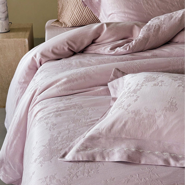 Jacquard Cotton Sateen Duvet Cover Set with Embroidered Leaf Border and Oxford Shams