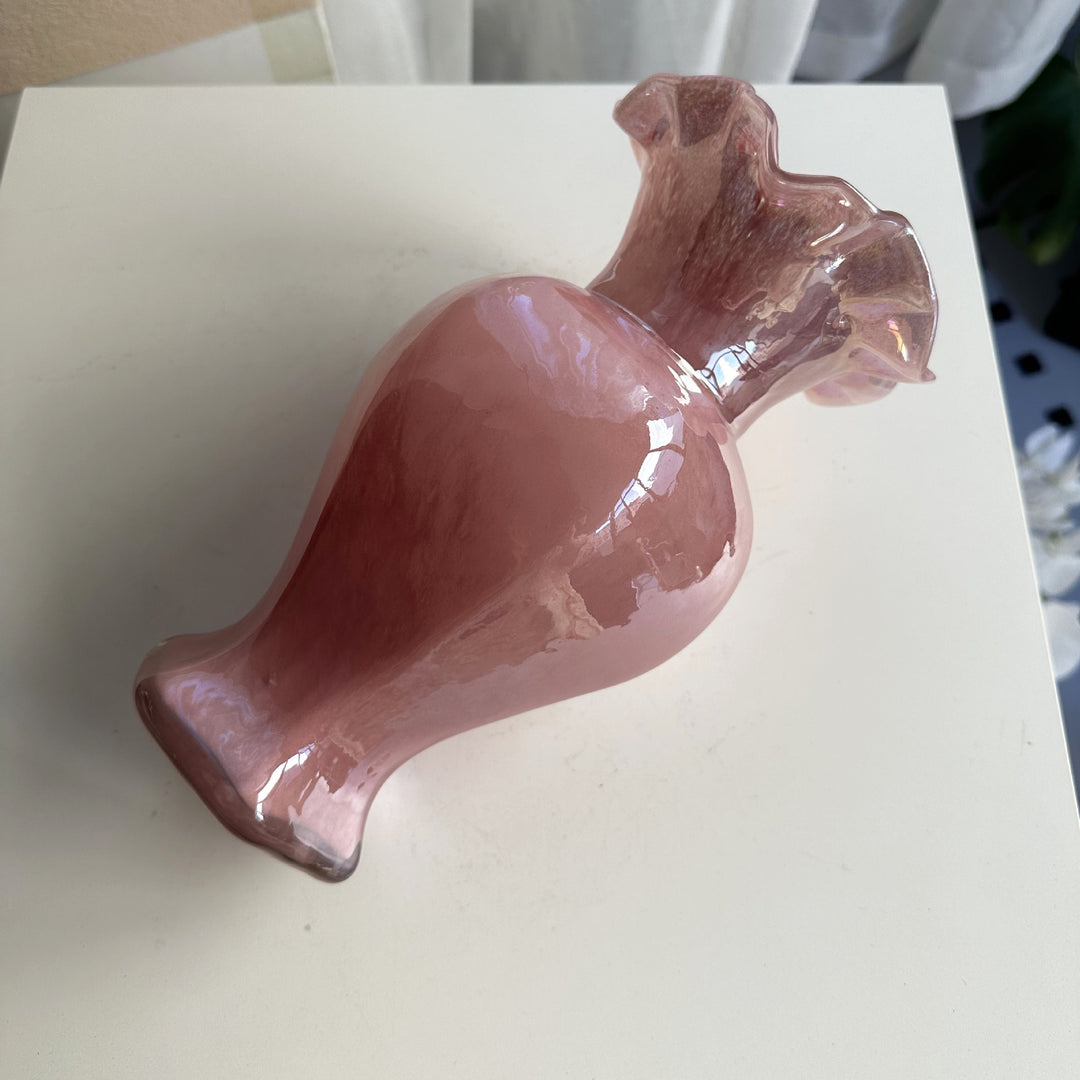 Hand-Blown Ruffled-Rim Art Glass Vase with Ombre Pink Ivory Finish Stornfield