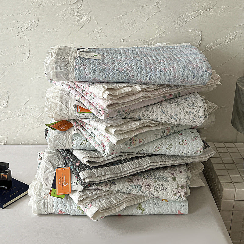 Quilted Bedspread Coverlet with Ruffled Edge and Mini Floral Print