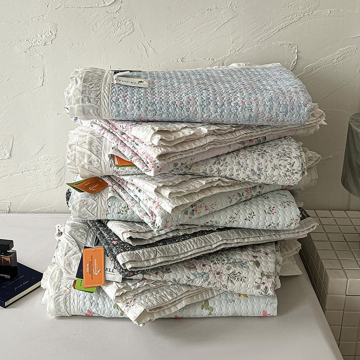 Quilted Bedspread Coverlet with Ruffled Edge and Mini Floral Print