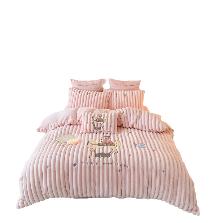 Fluffy corduroy quilt set with embroidery