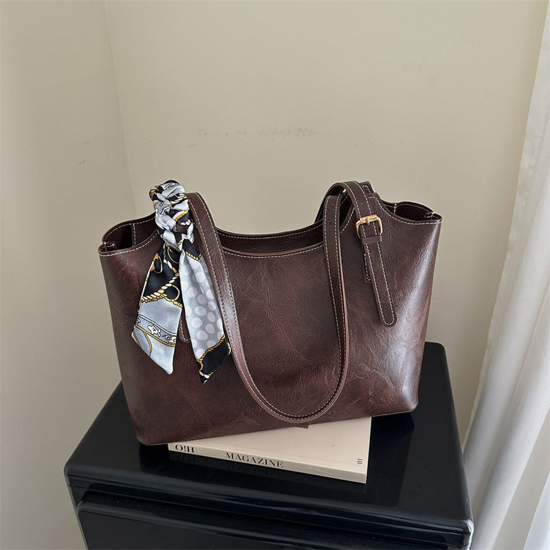 Elegant Faux Leather Tote Handbag with Scarf Detail