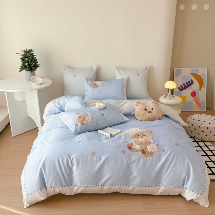 Kids' Teddy Appliqué Cotton Sateen Duvet Cover Set with Decorative Pillowcases