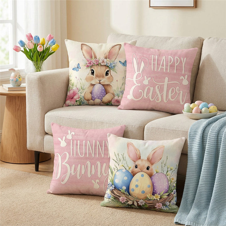 Square Cotton-Linen Decorative Throw Pillow Cover with Easter Bunny Script Print