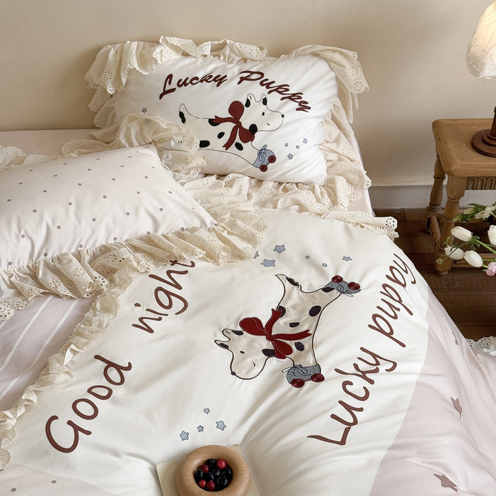 Ruffled Cotton Duvet Cover Set with Puppy Print and Eyelet Lace Trim