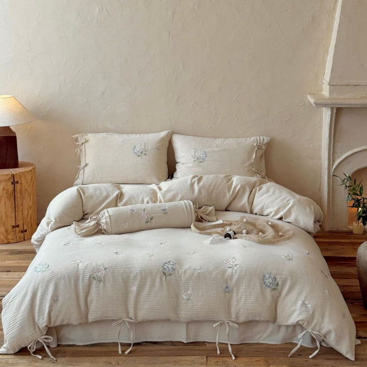 Embroidered Cotton-Linen Duvet Cover Set with Tied Corners & Bolster Pillow