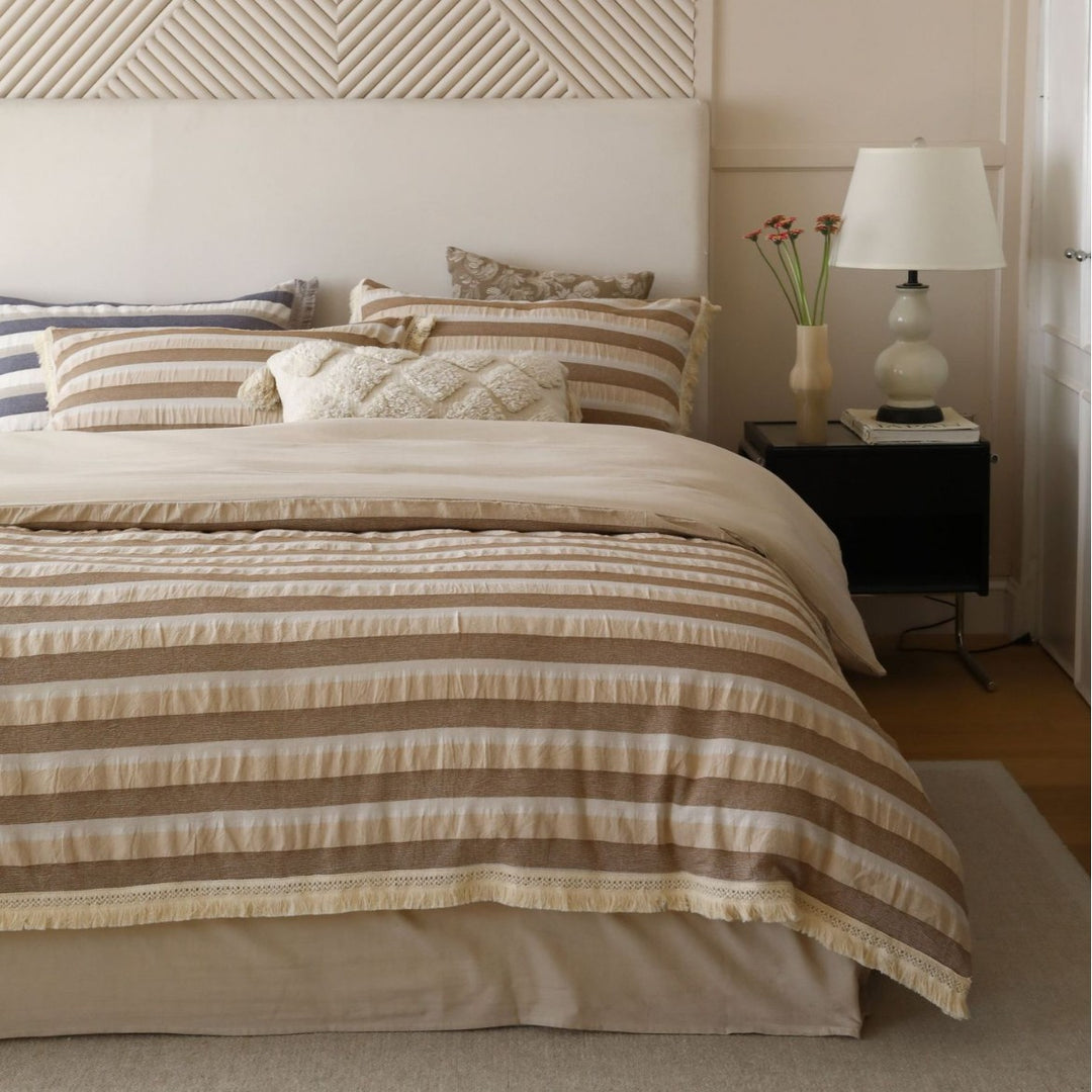 Striped Cotton-Linen Lightweight Quilted Duvet Cover Set with Fringed Edge