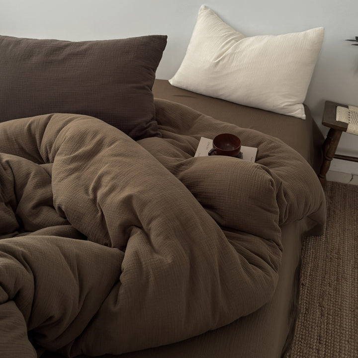 Washed Cotton Gauze Textured Duvet Cover Set with Deep-Pocket Fitted Sheet