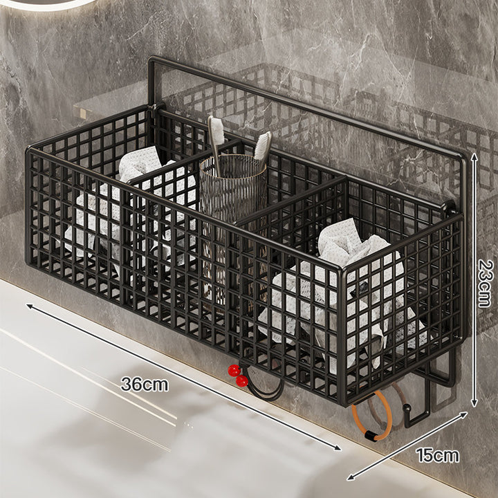 Wall-Mounted Metal Grid Bathroom Caddy with Triple Compartments Hooks and Drainable Base