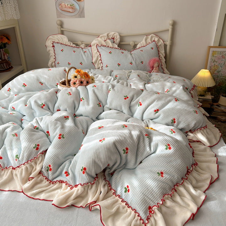 Vintage Cherry Embroidered Ruffled Cotton Duvet Cover Set