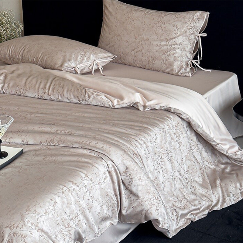 Jacquard Satin-Look Duvet Cover Set with Tied Pillow Shams