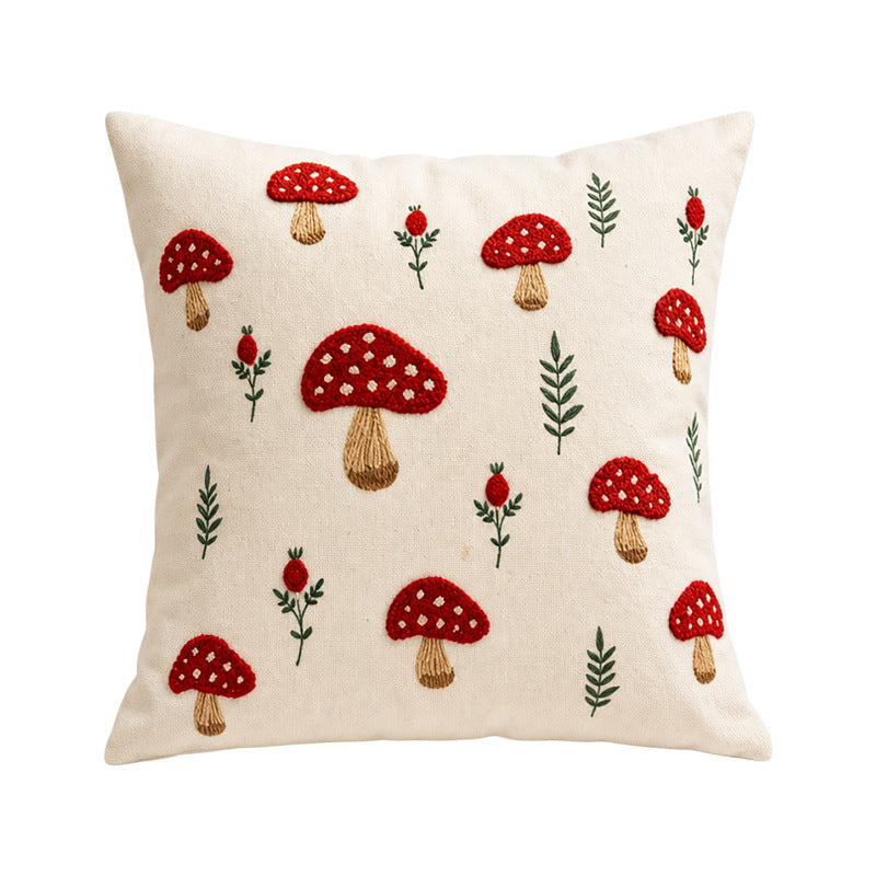 Square Embroidered Autumn Mushroom & Oak Leaf Textured Cotton-Linen Throw Pillow Cover with Hidden Zipper
