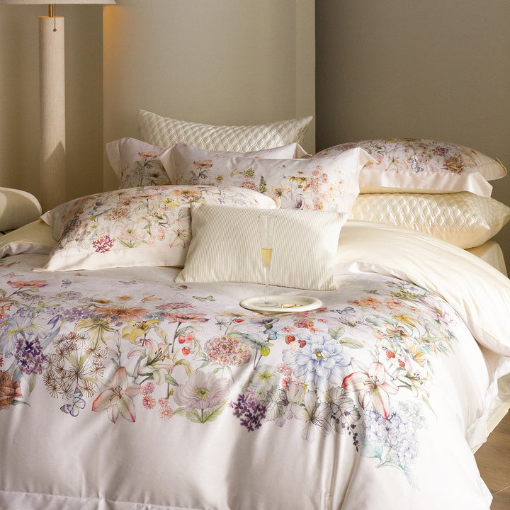 Floral Embroidered Cotton Sateen Duvet Cover Set with Reversible Pillowcases