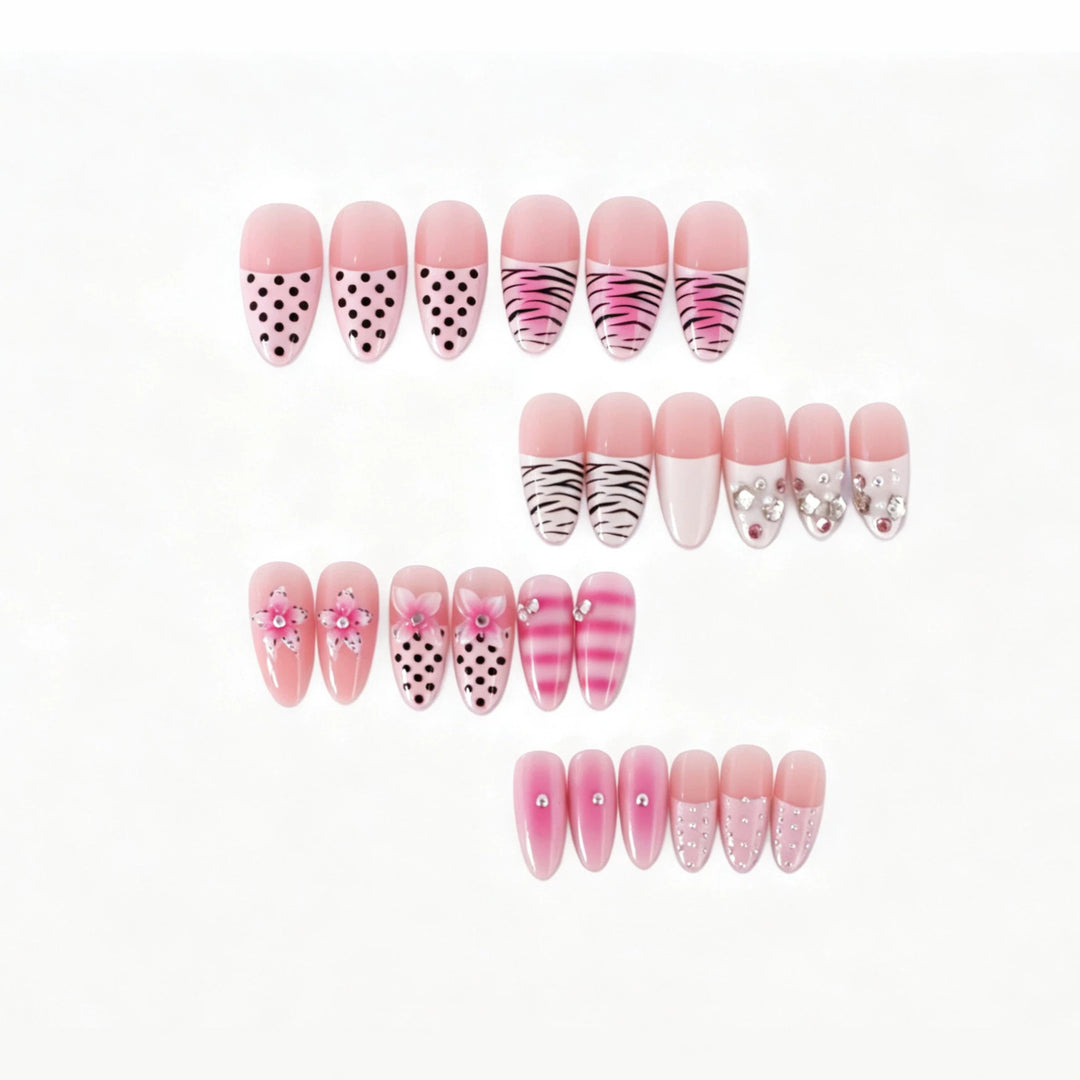 Artistic Press-On Nail Design with Unique Patterns and Rhinestone Accents Stornfield