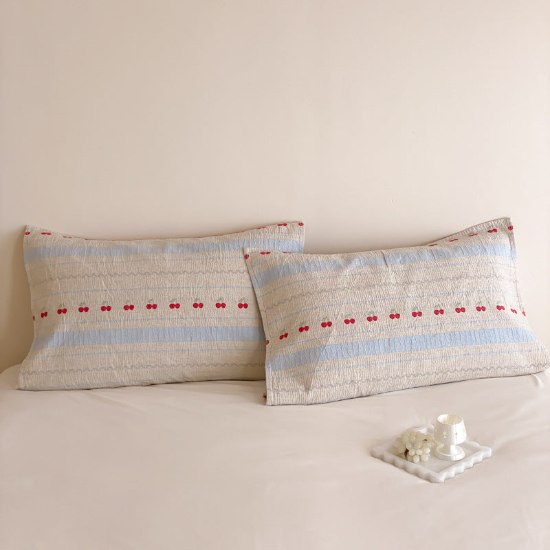 Quilted Cotton Pillowcase Pair with Embroidered Lamb Motif and Soft Crinkle Texture