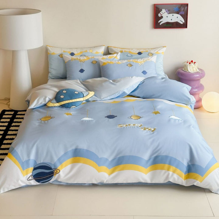 Children's Space-Themed Duvet Cover Bedding Set with Embroidered Planets and Decorative Planet Pillow