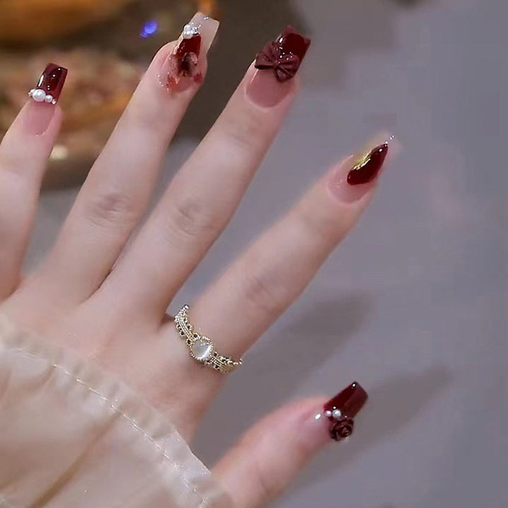Decorative Press-On Nail Set with Bow Accents