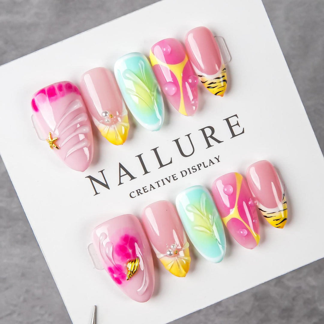 Artistic Press-On Nail Set with Floral and Graphic Designs