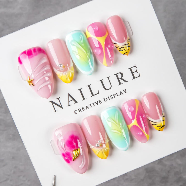 Artistic Press-On Nail Set with Floral and Graphic Designs