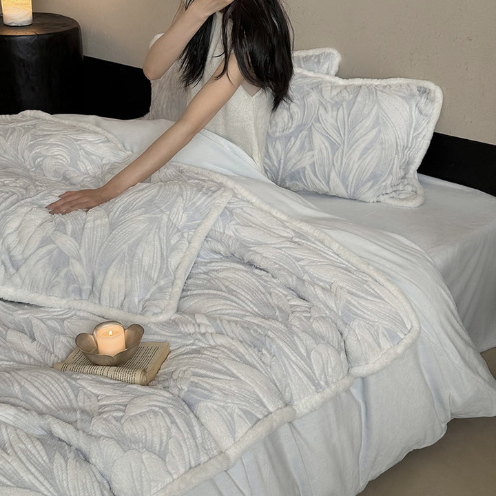 Botanical Embossed Quilted Duvet Cover Ensemble with Sherpa-Trim Reversible Throw and Euro Shams