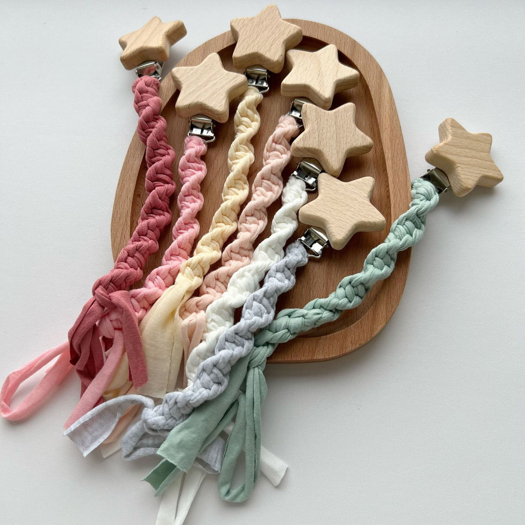 Wooden Star Pacifier Clip with Braided Cotton Strap