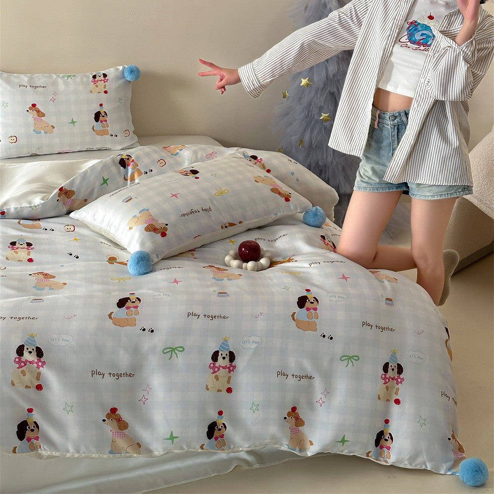 Children's bedding set with cute bunny & strawberry prints, reversible function and pom-pom cushion