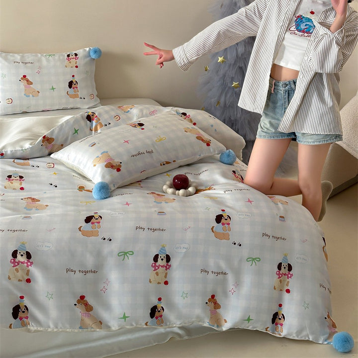 Children's bedding set with cute bunny & strawberry prints, reversible function and pom-pom cushion