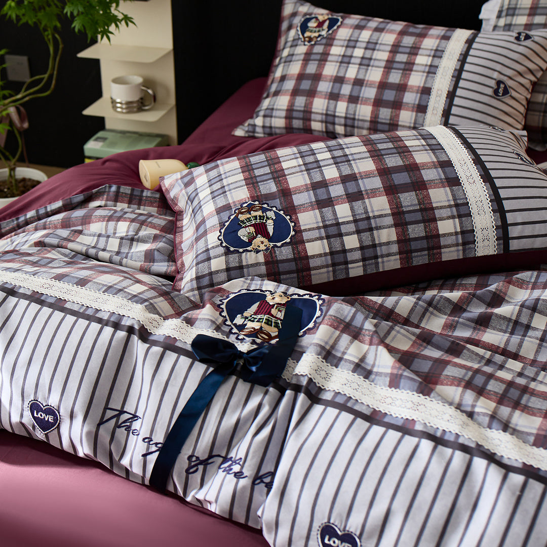 Reversible Plaid and Pinstripe Cotton Sateen Duvet Cover Set with Embroidered Heart Appliqués and Contrast Solid Backing