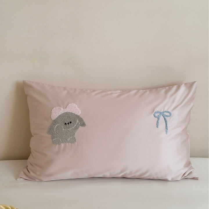 Children's Cotton Sateen Pillowcase with Embroidered Bunny Appliqué & Decorative Bow