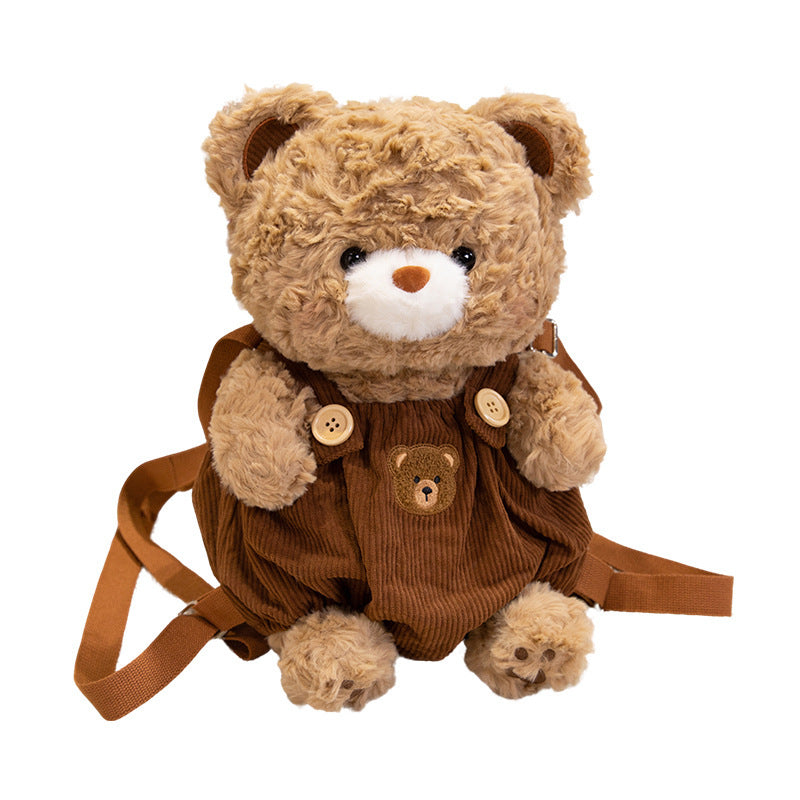 Plush Teddy Bear Backpack Bag with Corduroy Overalls & Adjustable Straps Stornfield