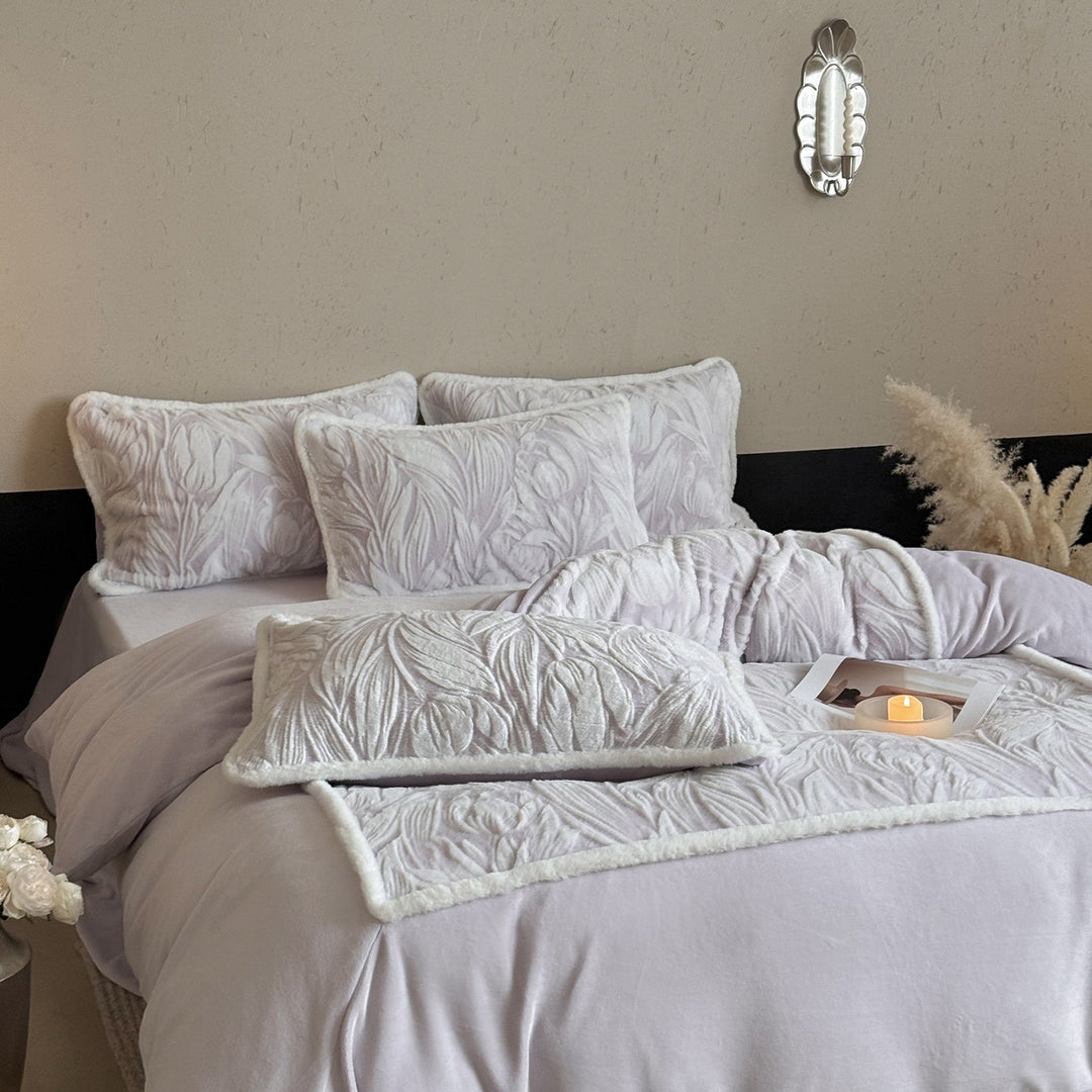 Quilted Embossed Velvet Floral Bedspread Set with Faux-Sherpa Trim