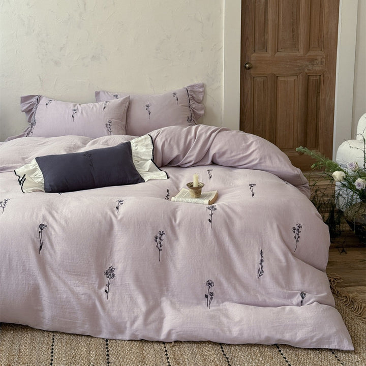 Embroidered Organic Cotton Duvet Cover and Ruffle Pillowcase Set
