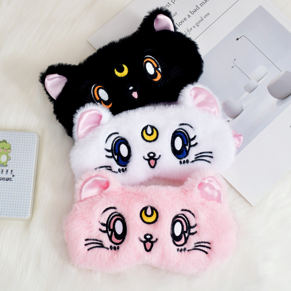 Women's fluffy sleep mask with embroidered cat design and soft comfort ears Stornfield