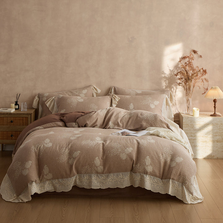 Ruffled Lace-Trim Reversible Duvet Cover Set with Tied Pillow Shams