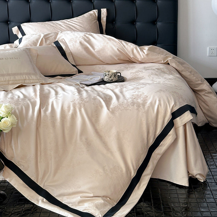 Satin Jacquard Duvet Cover Set with Contrast Border and Floral Motif