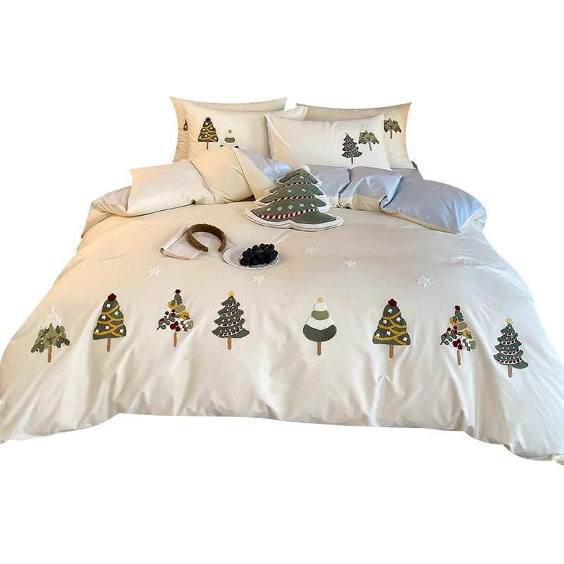 Embroidered Christmas Tree Cotton Sateen Duvet Cover Set