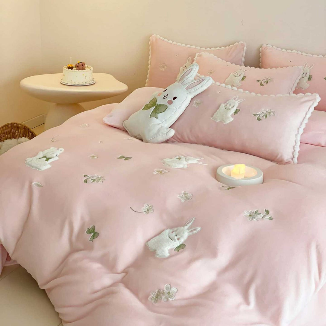 Pastel Embroidered Bunny Plush-Accent Cotton Duvet Cover Set with Scalloped Pillow Shams