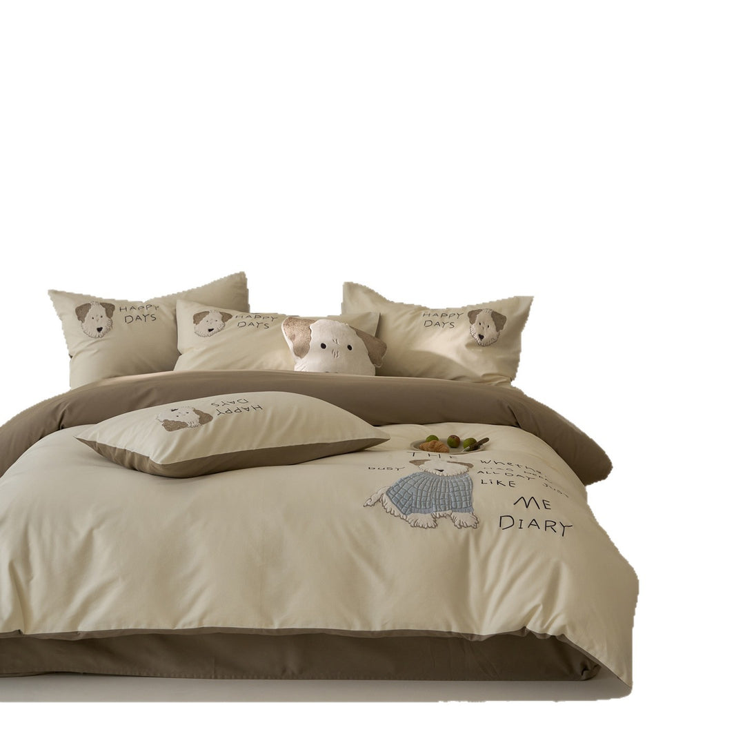 Embroidered Cotton Duvet Cover Set with Reversible Solid Backing and Dog Applique