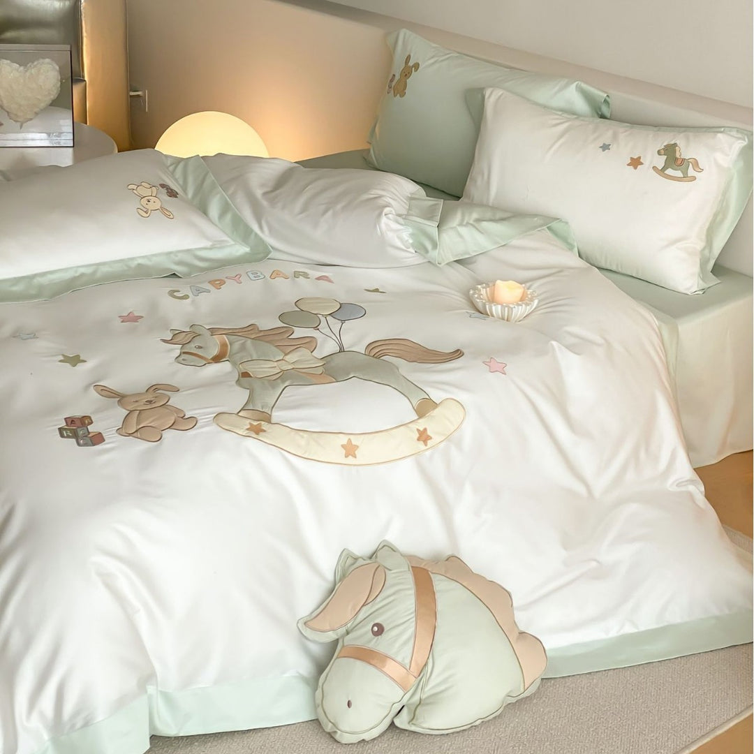 Children's Embroidered Cotton Sateen Duvet Cover Set with Rocking Pony Motif