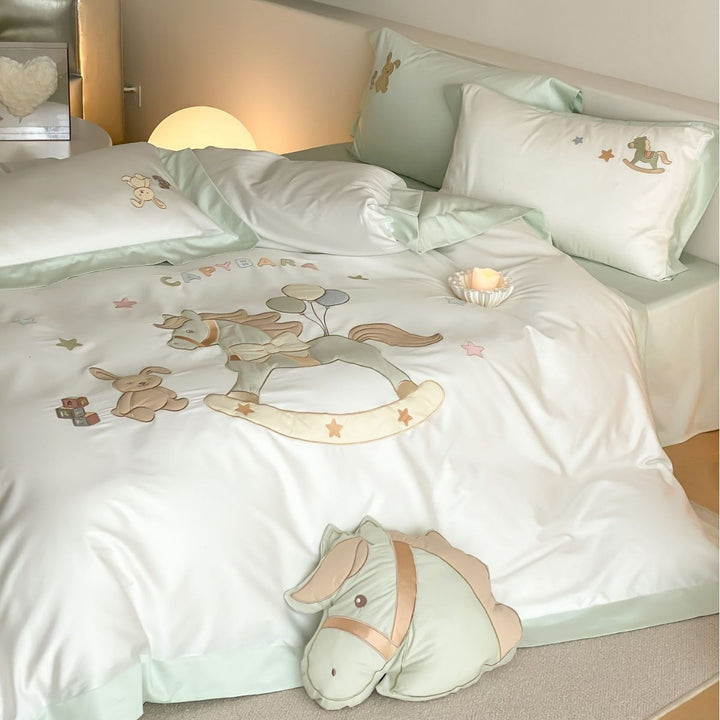 Children's Embroidered Cotton Sateen Duvet Cover Set with Rocking Pony Motif
