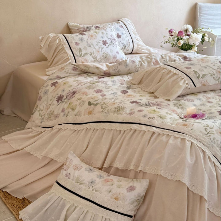 Floral Ruffled Duvet Cover Set with Layered Bedskirt and Pillow Shams