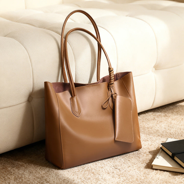 Leather Structured Tote Bag with Detachable Pouch