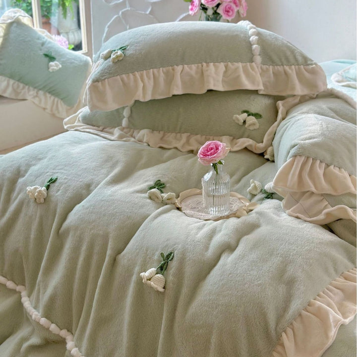Floral Embroidered Ruffled Duvet Cover Set