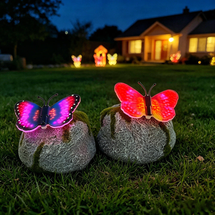 Decorative Solar-Powered Butterfly Perched Stone LED Garden Accent Stornfield