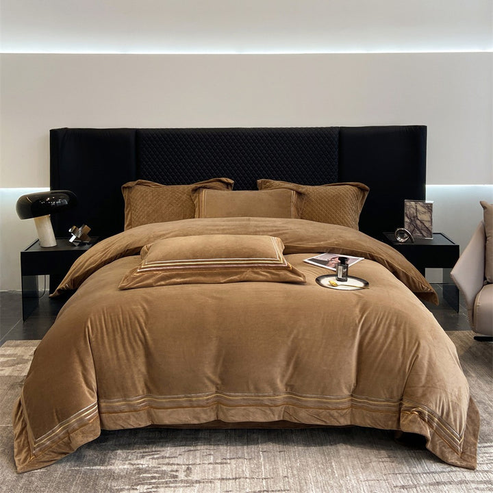 Luxury Velvet Duvet Cover and Pillowcase Bedding Set with Embroidered Hem