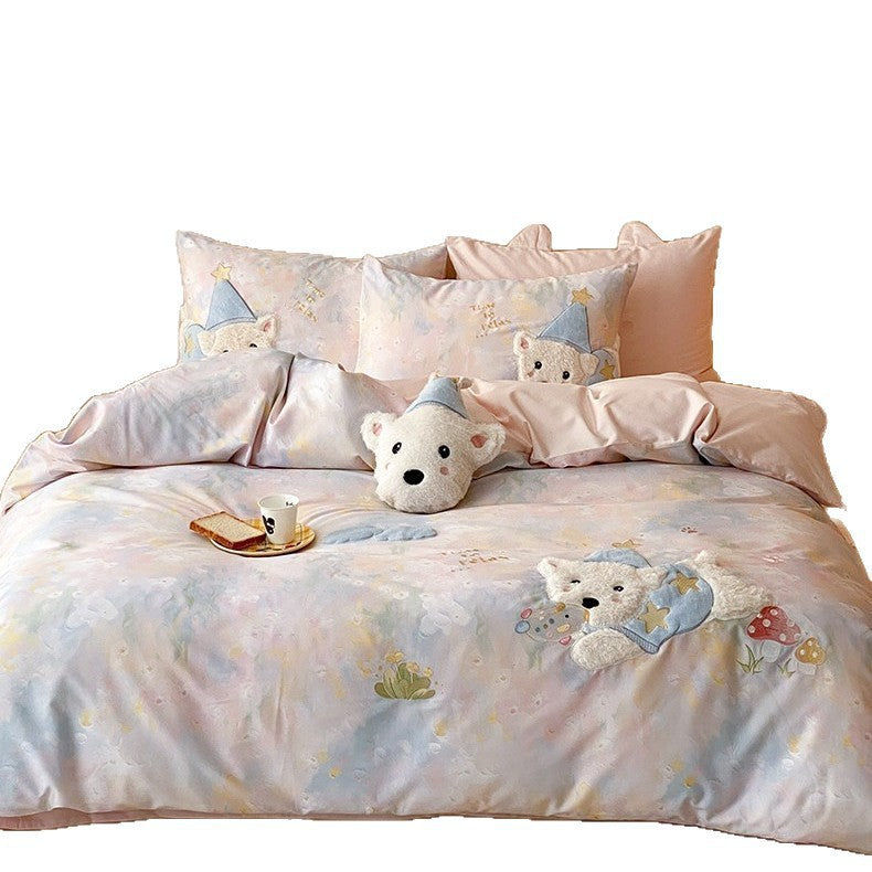 Plush Appliqué Cotton-Blend Duvet Cover Set with 3D Bear Pillow and Pastel Watercolor Print