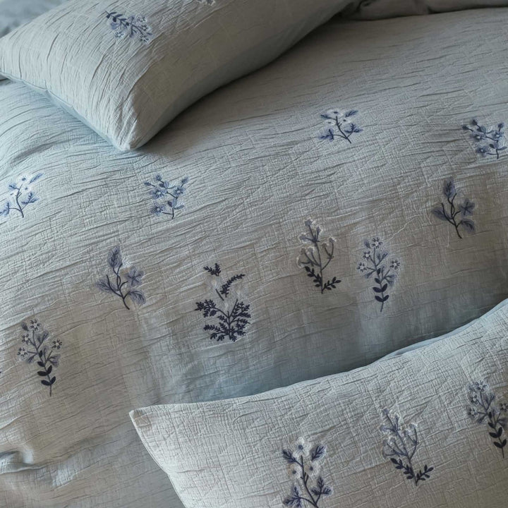Embroidered Botanical Linen-Texture Duvet Cover Set with Quilted Stitching and Oxford Shams